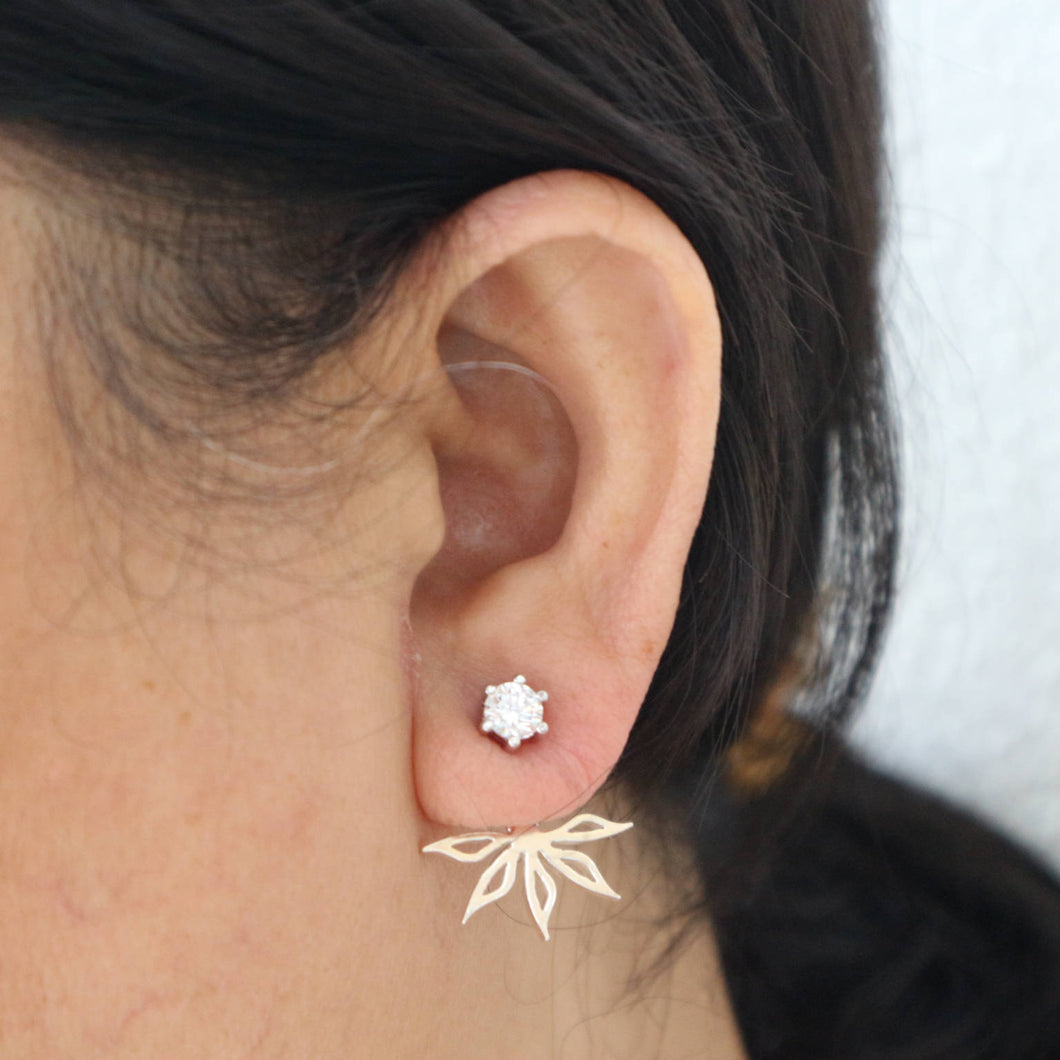 Silver Flower Lotus Ear Jacket Stud Earring