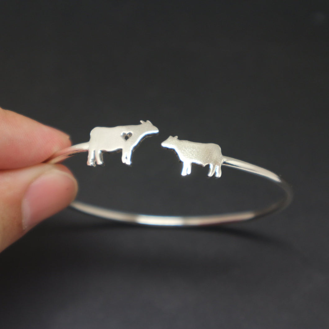 Silver Mother and Child Cow Bracelet