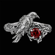 Silver Raven Ring with Red Stones