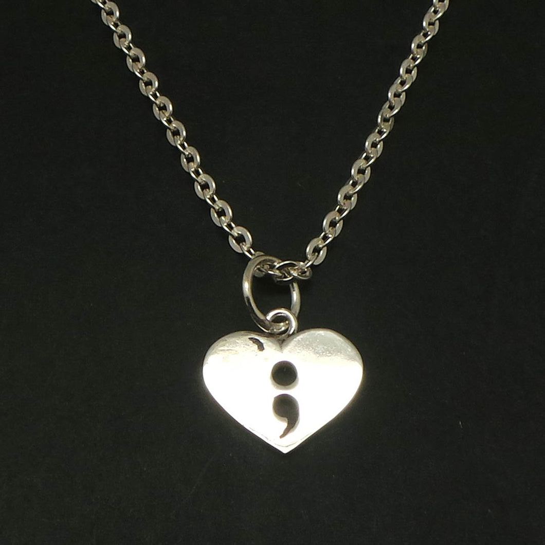 Silver Semicolon Heart Necklace