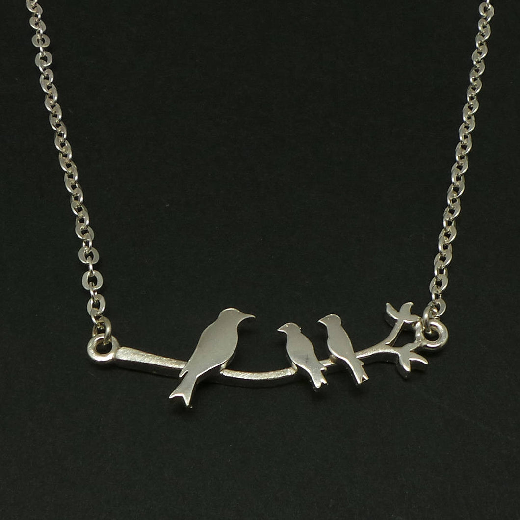 Silver Mother and 2 Childs Birds Necklace