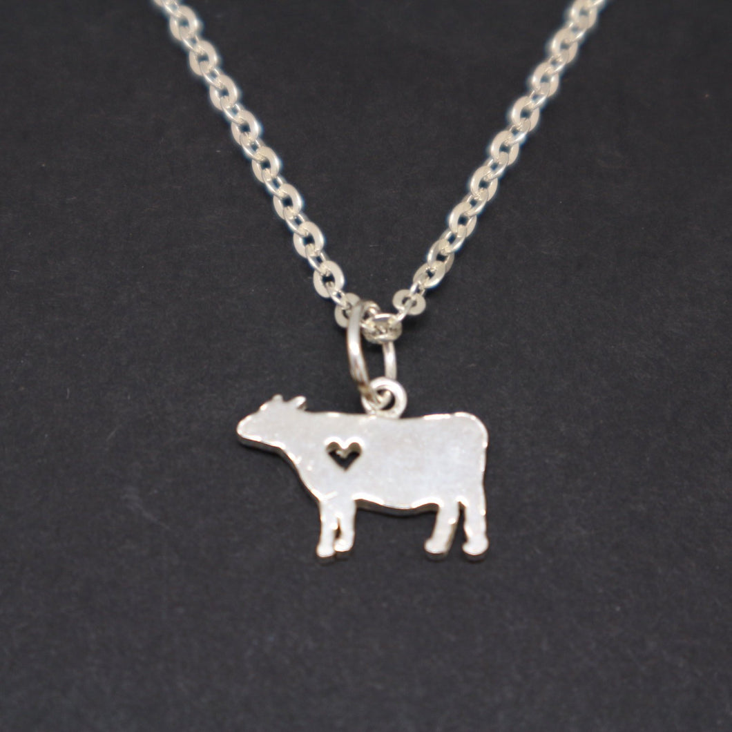 Silver Cow and Heart Necklace Pendant