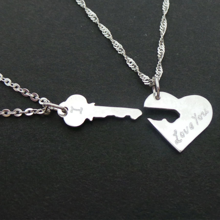 SIlver Key and heart necklaces for couples
